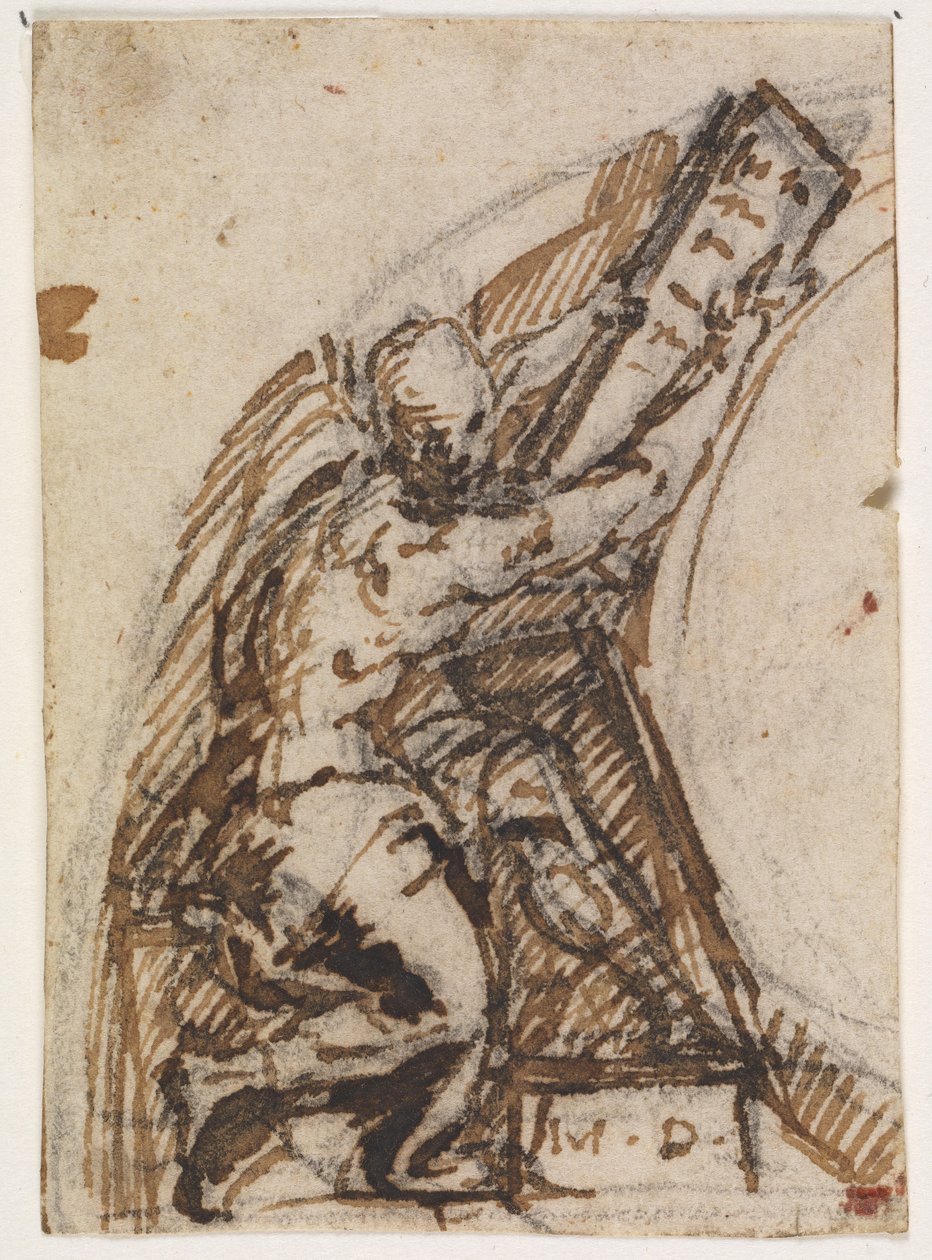 Hombre sentado con una tablilla de escritura(?). Detalle arquitectónico de Giulio Campi