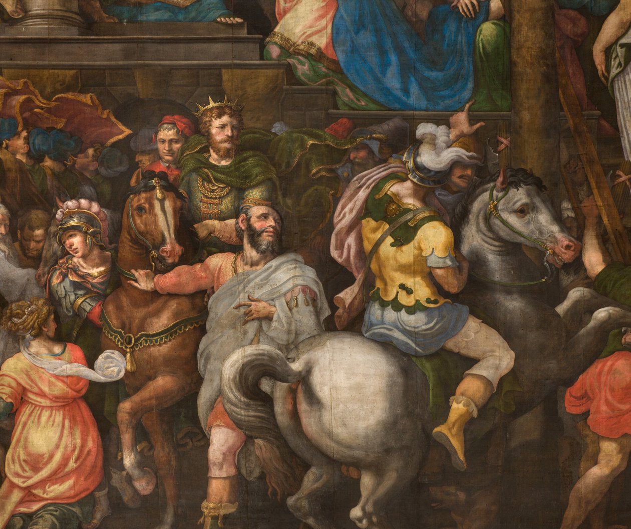 Muro opuesto a la contrafachada del transepto sur, Giuseppe Campi, Triunfo de Mardoqueo 1567 (detalle parte inferior) de Giulio Campi