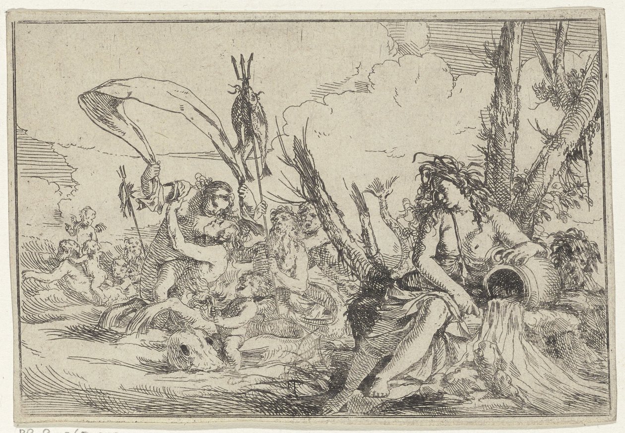 Agua Náyade con cántaro y tritones Los cuatro elementos (título de la serie) de Giulio Carpioni (I)