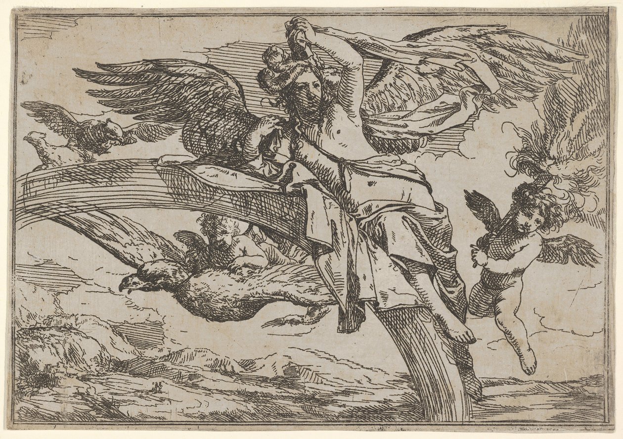 Aire, representado por Iris reclinada en su arco iris, acompañada por un putto alado, 1640-60 de Giulio Carpioni