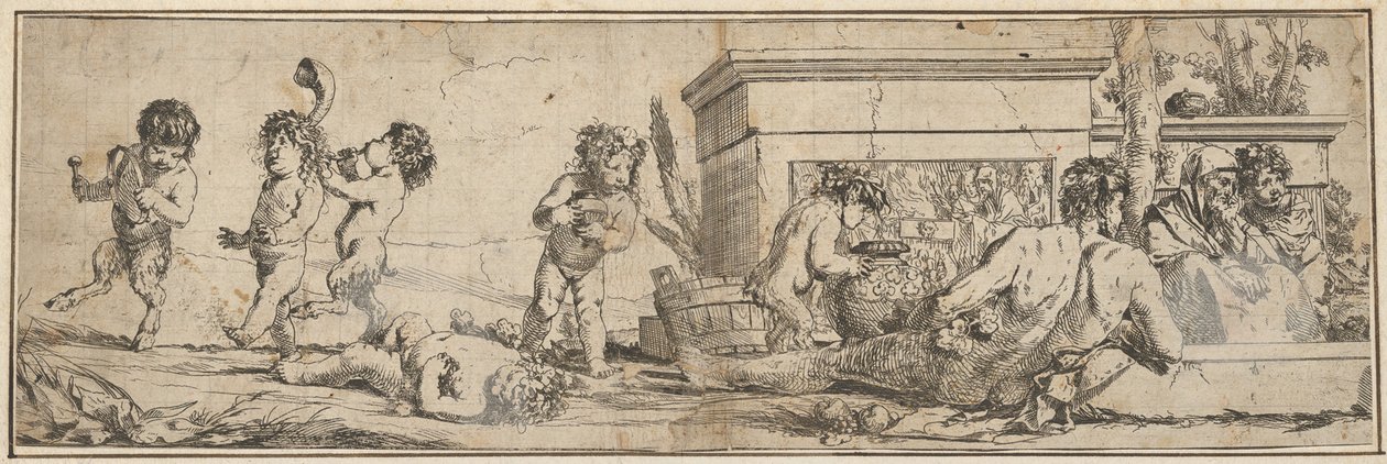 Bacanalia con sátiros infantiles y putti a la izquierda, una figura masculina desnuda reclinada al frente, 1633-78 de Giulio Carpioni