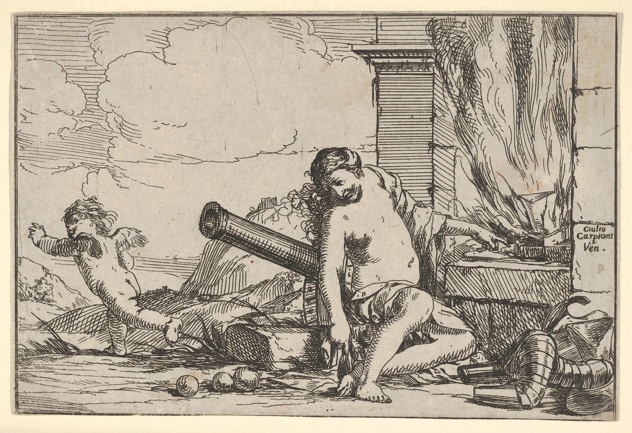 Fuego, representado por Venus sentada frente a la fragua de Vulcano, con armadura, un cañón y cañones, 1640-60 de Giulio Carpioni