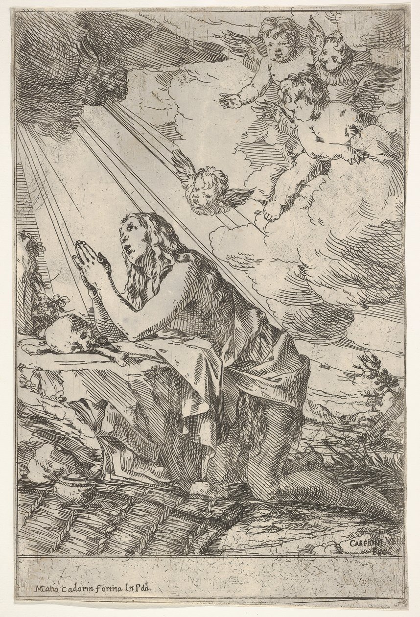 Magdalena penitente arrodillada en un suelo rocoso ante un cráneo y huesos, un ungüento..., ca. 1640-55 de Giulio Carpioni