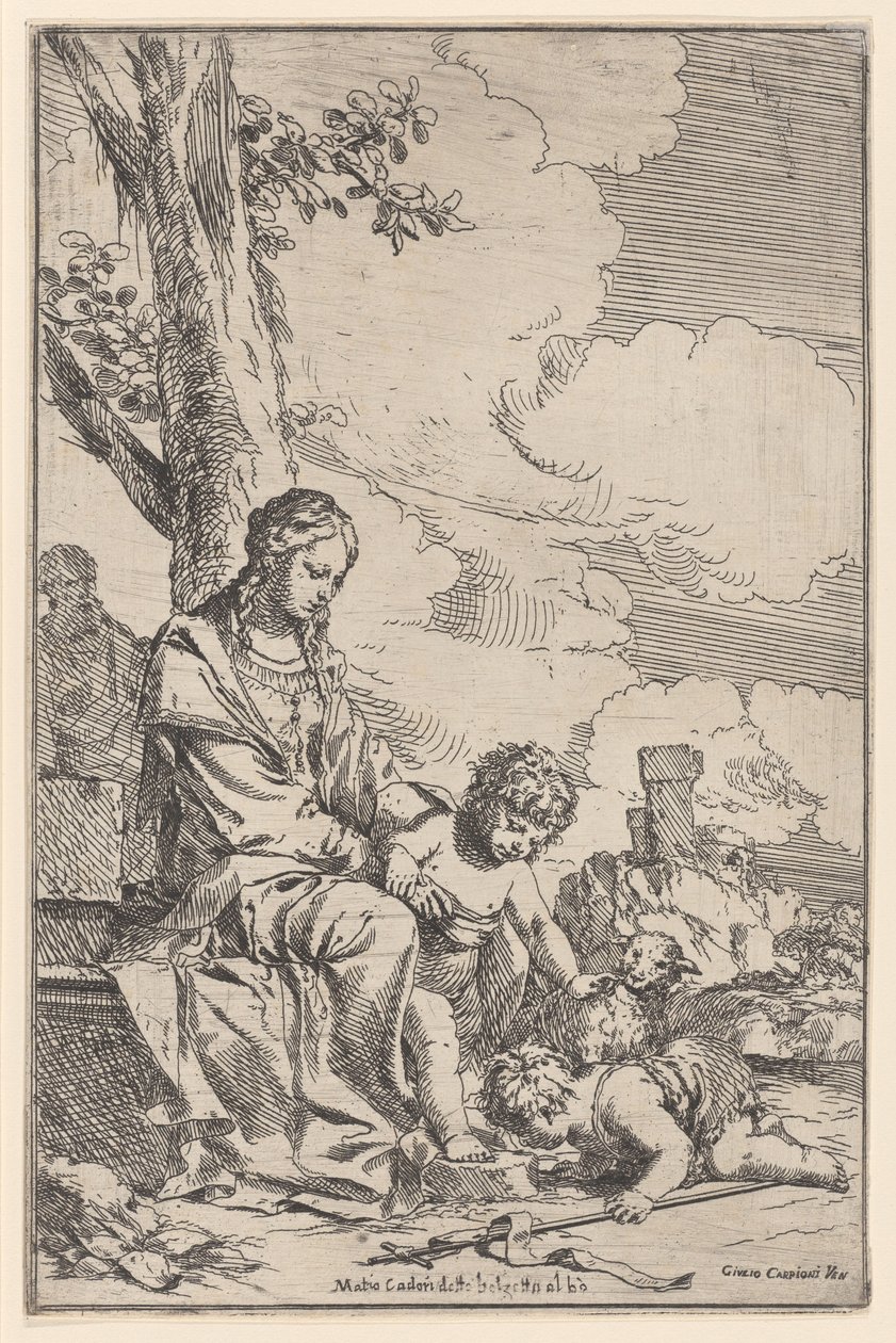 La Sagrada Familia con el infante San Juan besando los pies de Cristo, 1640-60 de Giulio Carpioni