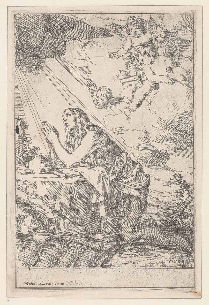 La Penitente Santa María Magdalena, arrodillada ante una calavera y huesos de Giulio Carpioni