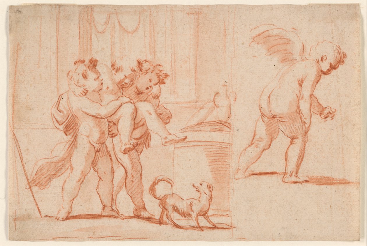 Dos Putti llevando un tercer Putto; Otro putto desde atrás de Giulio Carpioni