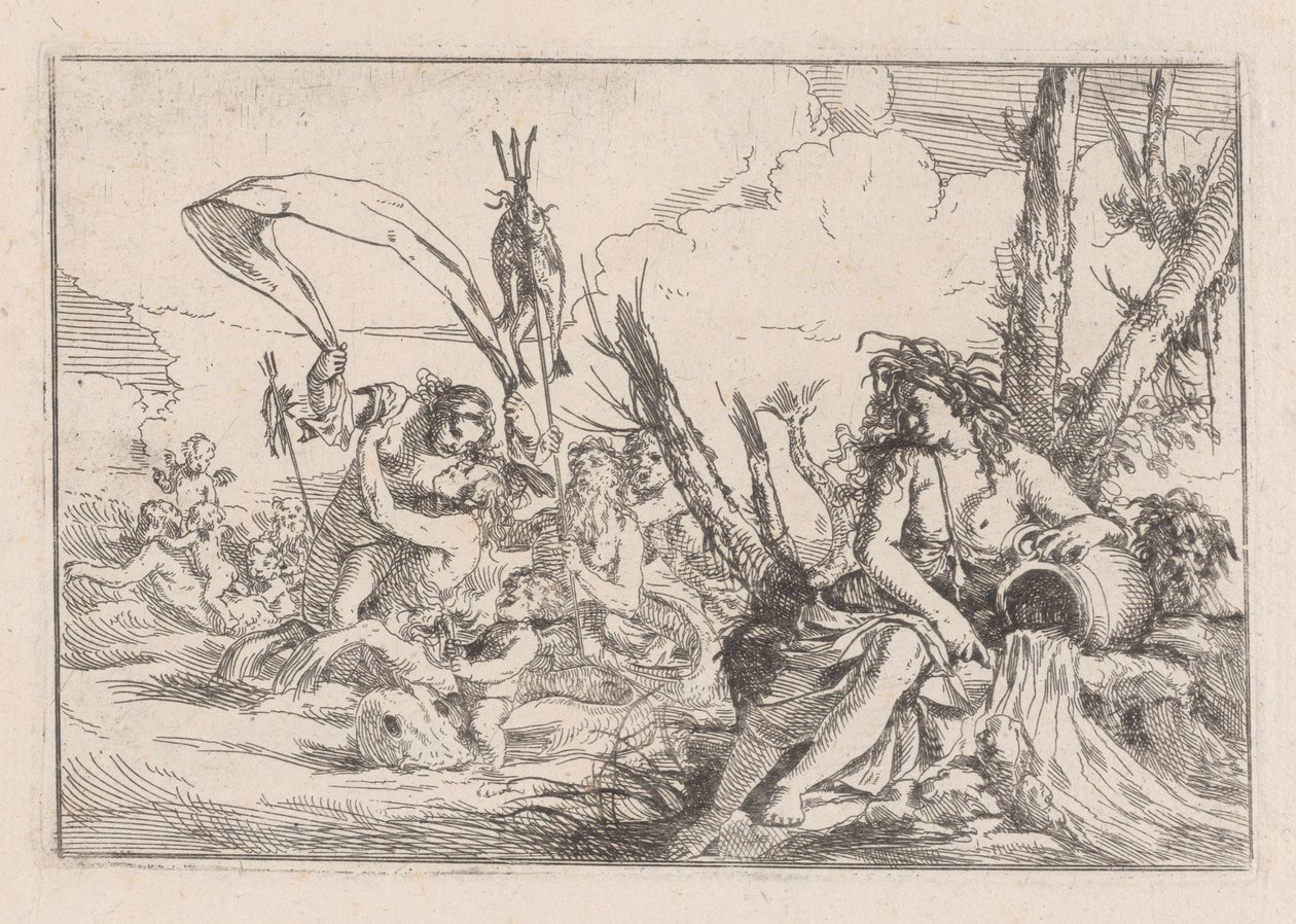 Agua, representada por una náyade sentada al pie de un árbol..., 1640-60 de Giulio Carpioni