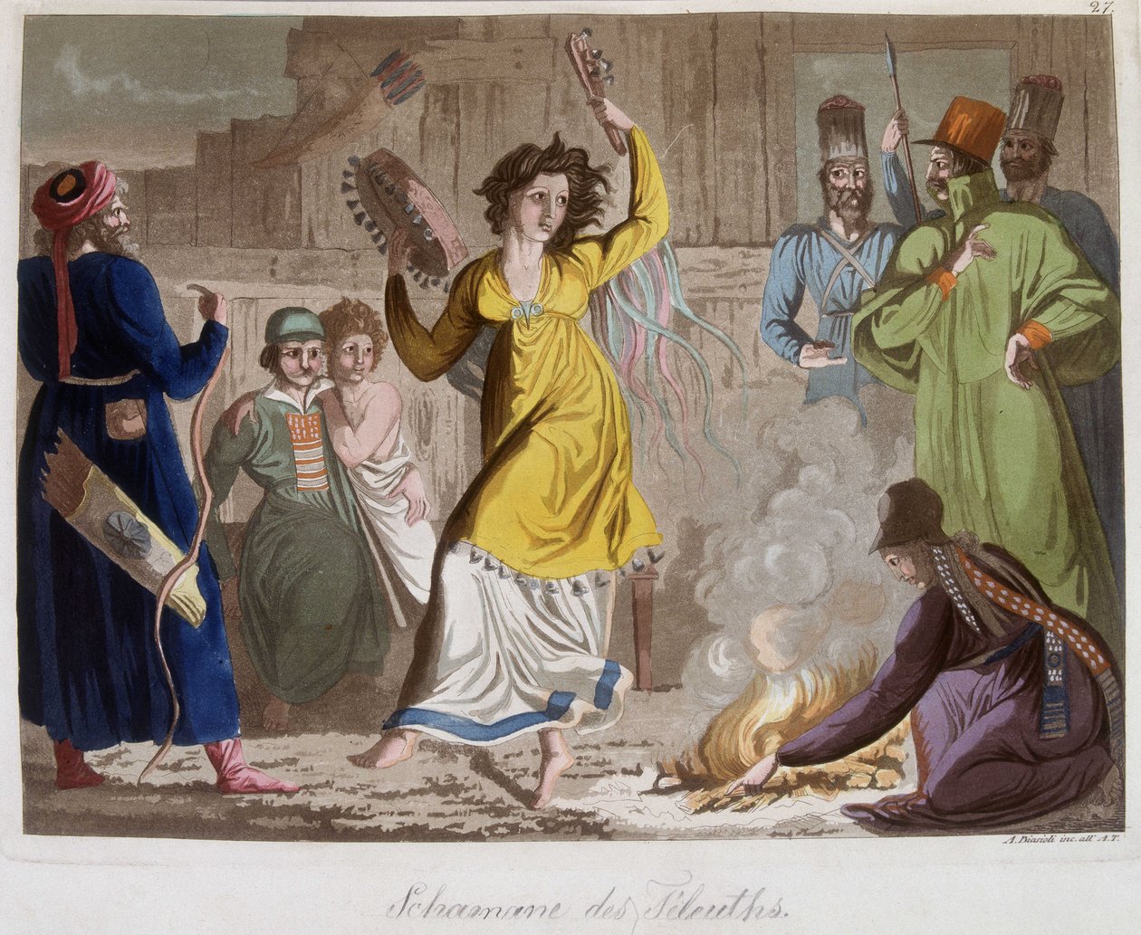 Danza de un joven chamán de los telenths - en "Le costume ancien et moderne" de J. Ferrario, ed. Milán de Giulio Ferrario