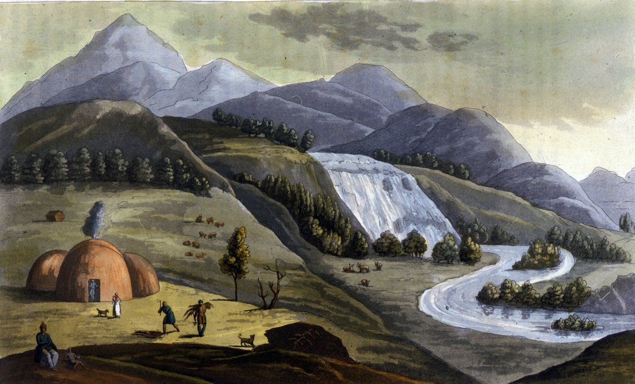 Paisaje de Laponia (territorios pertenecientes a Noruega, Suecia, Finlandia y Rusia), viviendas de los indígenas (sami) en "El traje antiguo y moderno" de Ferrario, ed. Milan de Giulio Ferrario