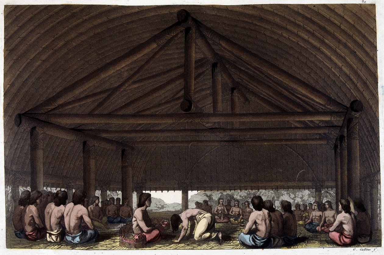 En la isla de los Amigos (Tonga), el rey Pulaho bebe el Kava - en "El traje antiguo y el moderno" del Dr. Jules Ferrario, ed. Milan de Giulio Ferrario