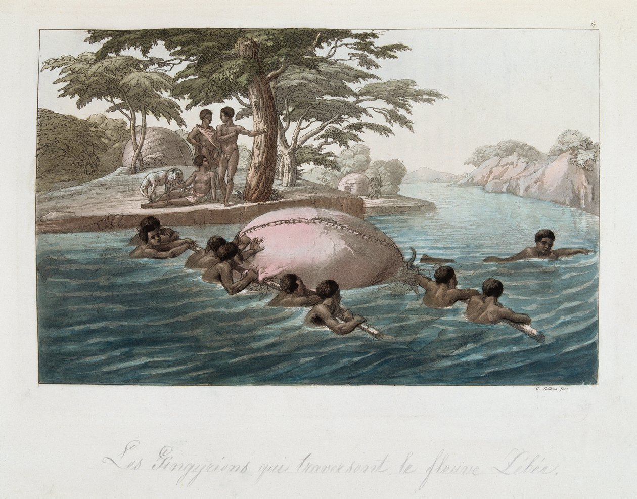 Habitantes de Zanzíbar cruzando el río Lebee a nado - en "El traje antiguo y moderno" de Ferrario, ed. Milán de Giulio Ferrario