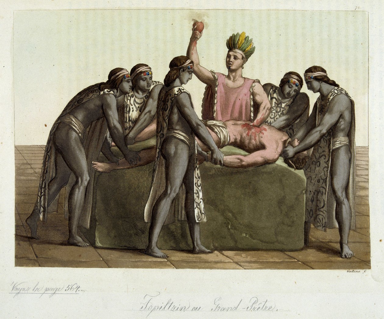 Topiltzin (sumo sacerdote de las antiguas civilizaciones mexicanas) haciendo un sacrificio humano - en "El traje antiguo y moderno" de Jules Ferrario de Giulio Ferrario