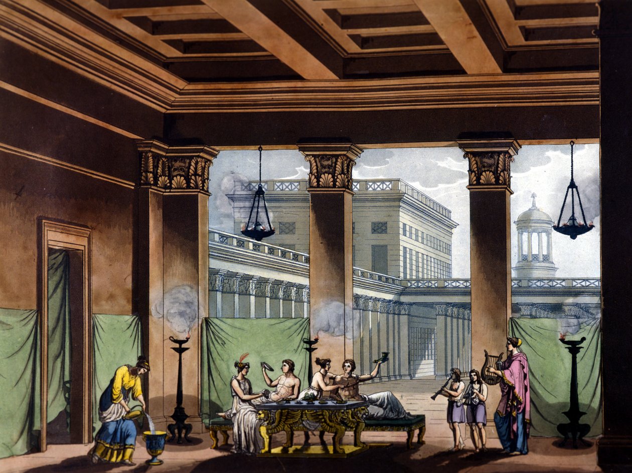 Lámparas de aceite encendidas en la antigua Grecia: escena del banquete - en El traje antiguo y moderno de Jules Ferrario, ed. Milan de Giulio Ferrario