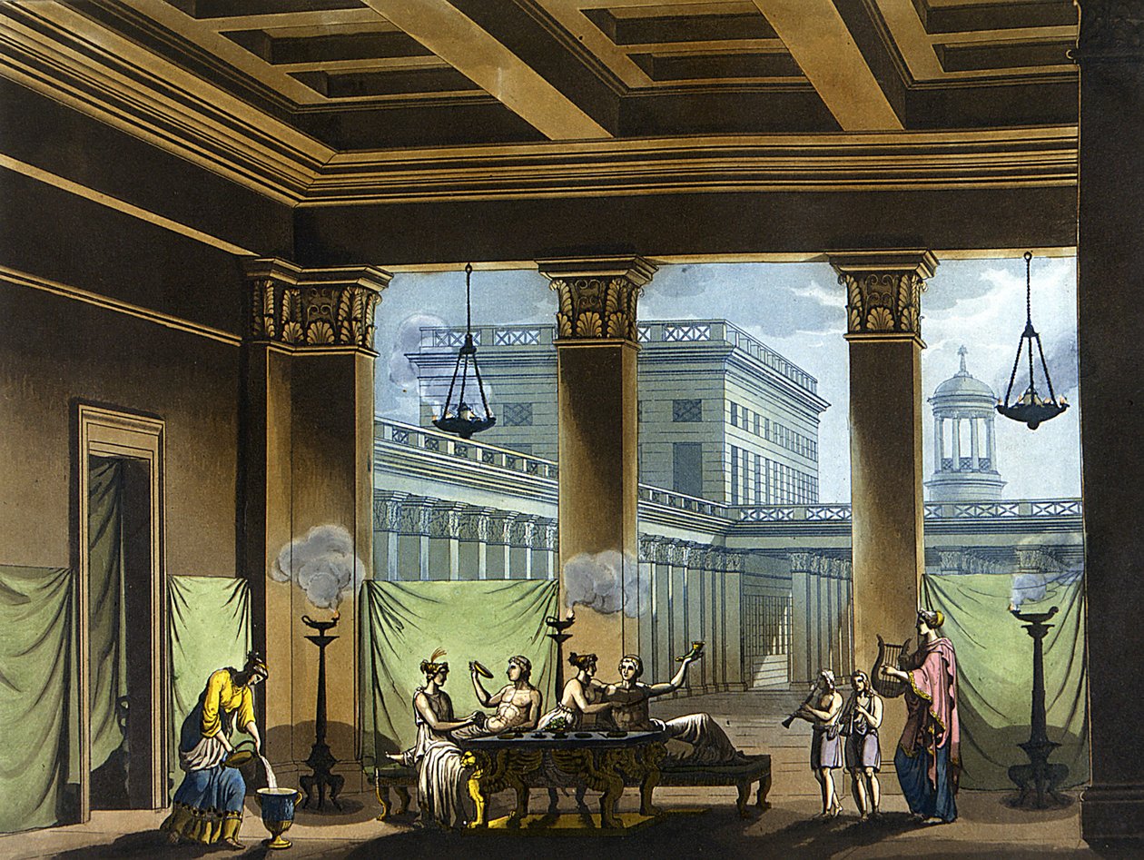 Triclinio iluminado con lámparas de aceite en la antigua Grecia: escena del banquete - en "El traje antiguo y moderno" de Jules Ferrario, ed. Milan de Giulio Ferrario