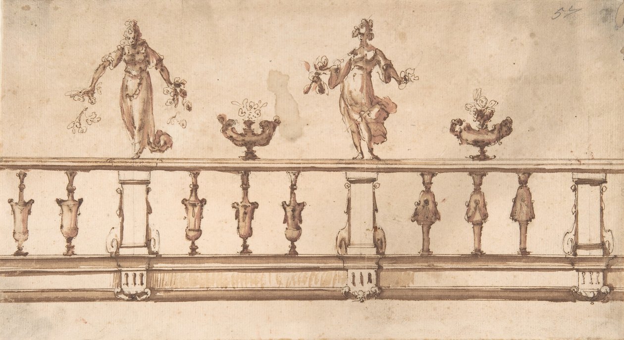 Diseño para una Balaustrada con Figuras Femeninas y Urnas de Giulio Parigi