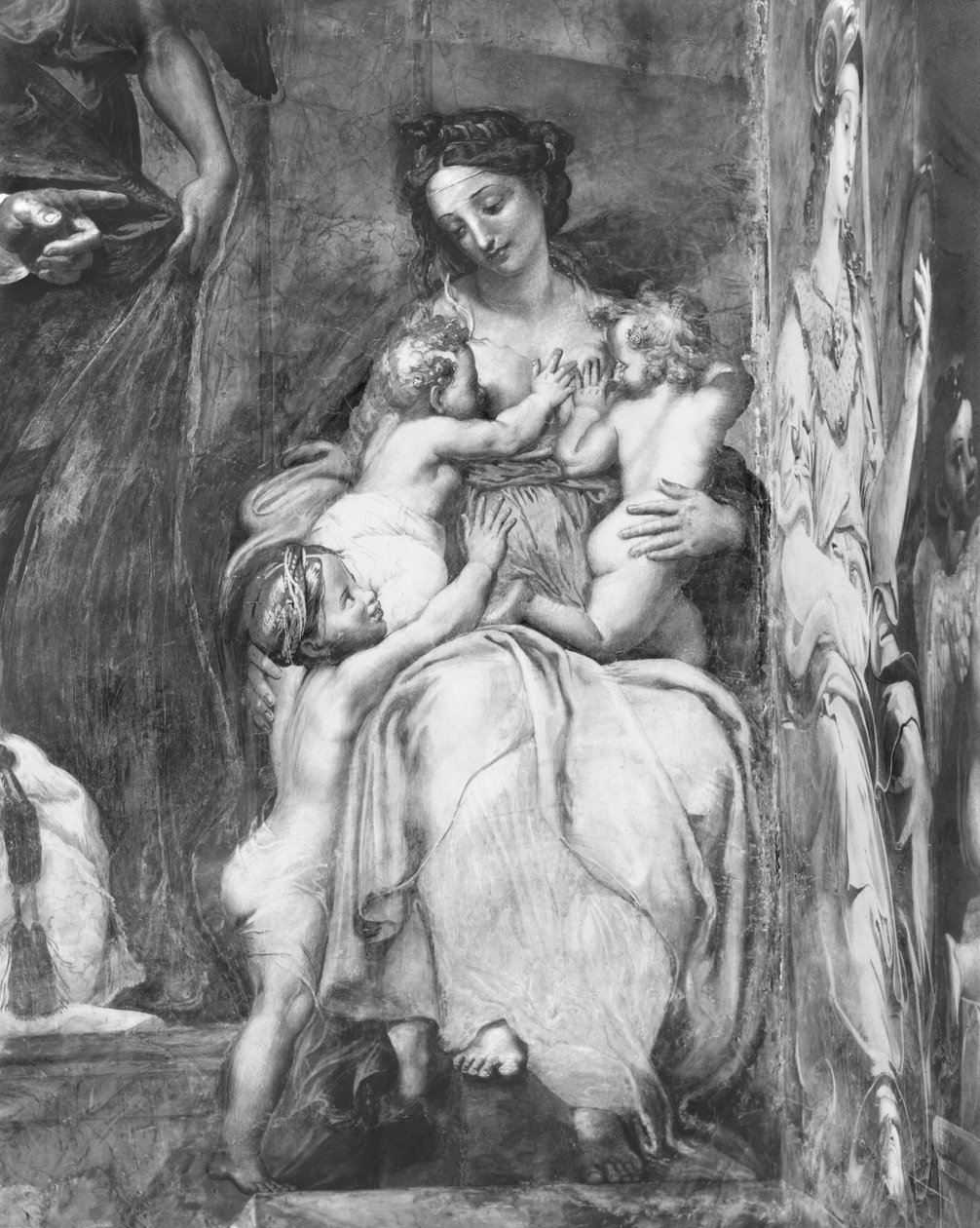 Caridad, una de las dos Virtudes que rodean al Papa San Urbano I (d.230) Estancias de Rafael (detalle) de Giulio Romano