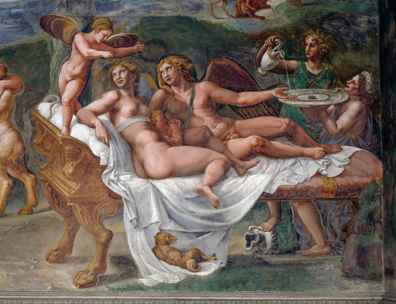 Cupido y Psique con su hija Voluptas (Placer) acostados en la cama, detalle del Banquete de bodas o Banquete de los dioses, fresco de Giulio Romano (1499-1546), Palazzo Te, Mantua (Lista del Patrimonio Mundial de la UNESCO, 2008), Lombardía, Italia de Giulio Romano