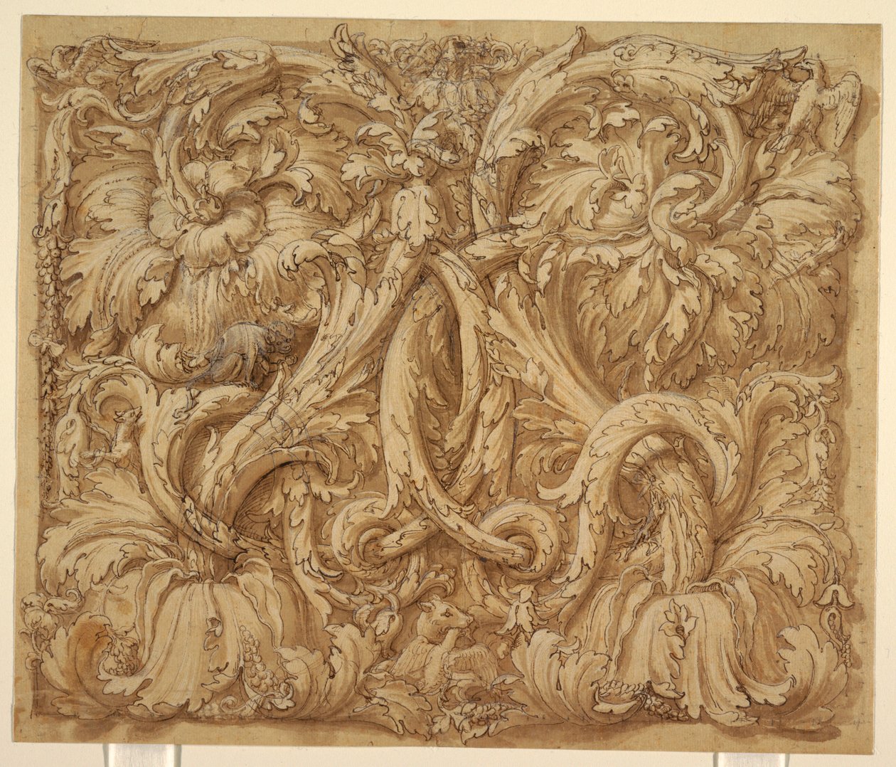 Diseño para acantos rinceaux con animales y aves de Giulio Romano