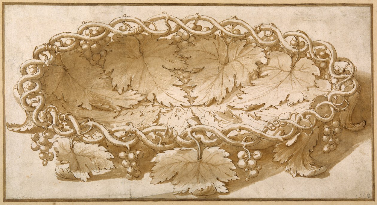 Diseño para un frutero ovalado, con zarcillos de vid, hojas y uvas de Giulio Romano