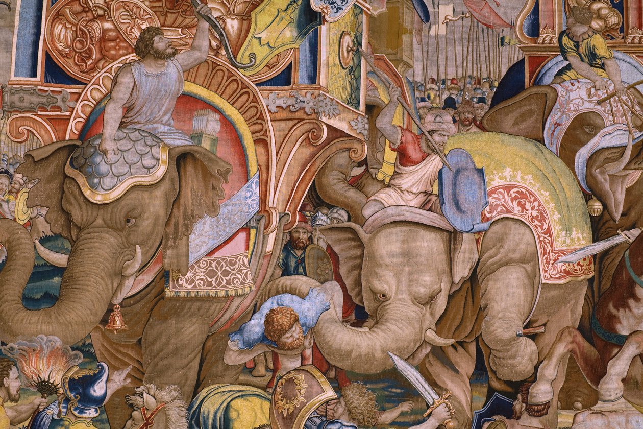 Tapiz flamenco. Serie Las Actas de Escipión: La batalla de Zama. Dibujante Giulio Romano. Atelier de Balthasar van Vlierden (?), Bruselas. 1523-1532. Detalle. de Giulio Romano