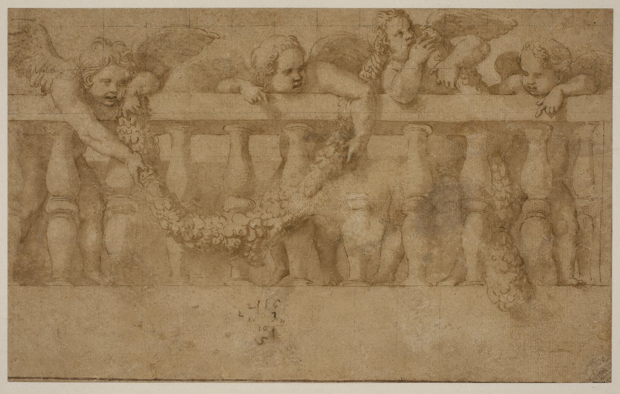 Cuatro putti alados decorando una balaustrada con guirnaldas de Giulio Romano