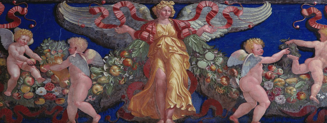 Friso de la Cámara con Friso de Amorini (detalle de un ángel con vestido dorado y alas extendidas) de Giulio Romano