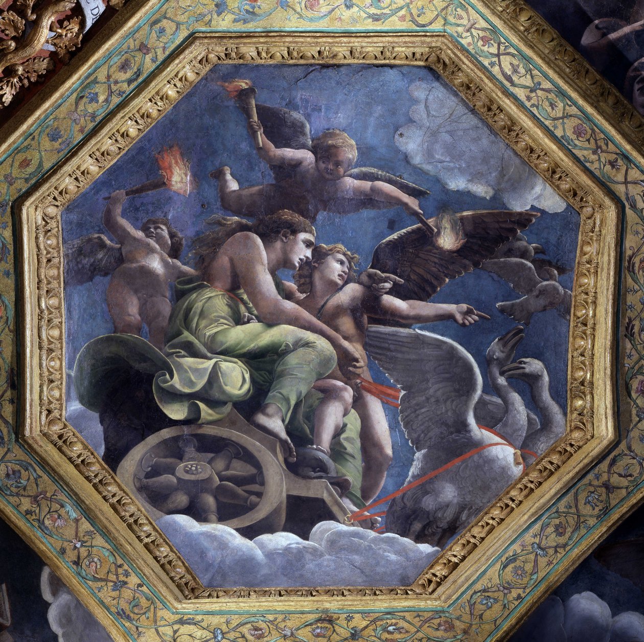 Venus furiosa nombra Psique a Cupido para castigarla. Fresco de Giulio Pippi de