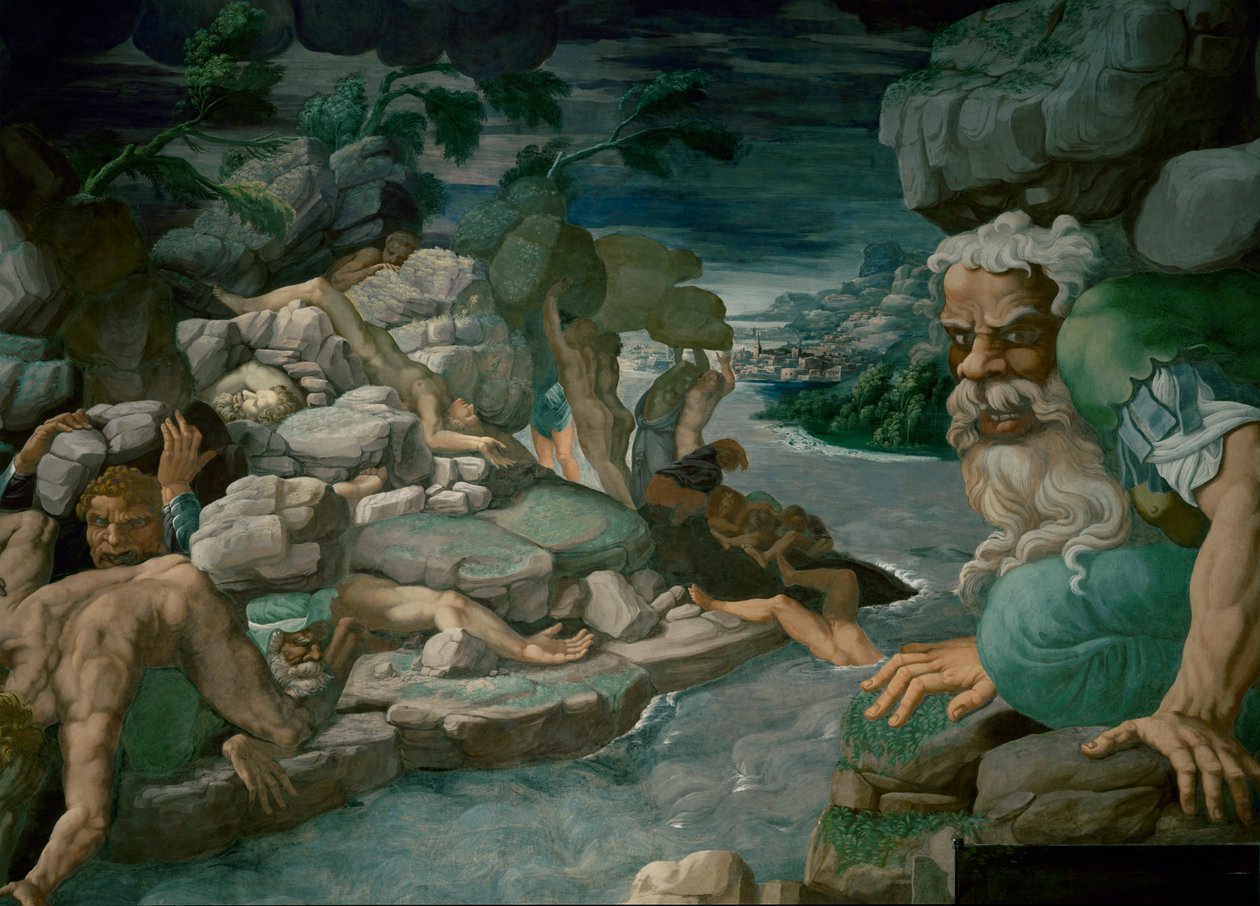Los gigantes que intentan asaltar Olympos son aplastados por la caída de rocas (fresco) de Giulio Romano