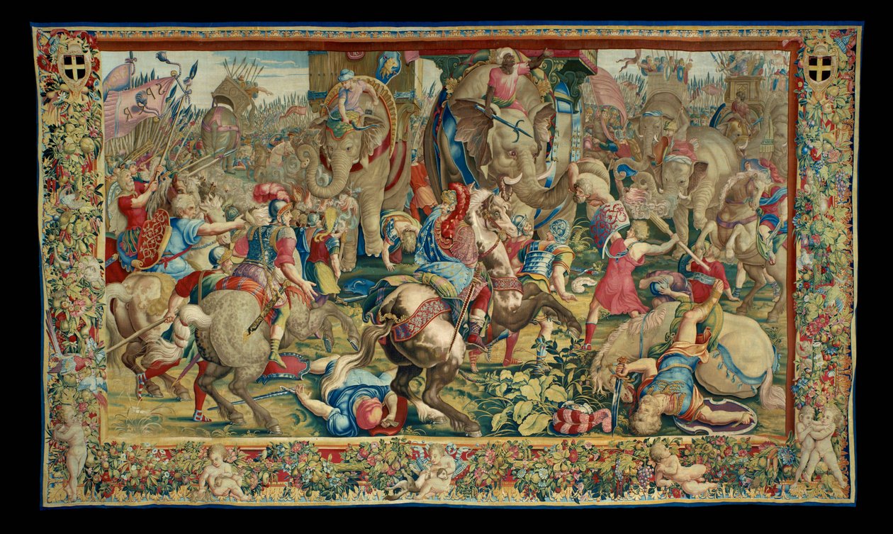 La Historia de Escipión: La Batalla de Zama la derrota de Hanibal, décima pieza del tapiz, lana y seda, tapiz ... de Giulio Romano