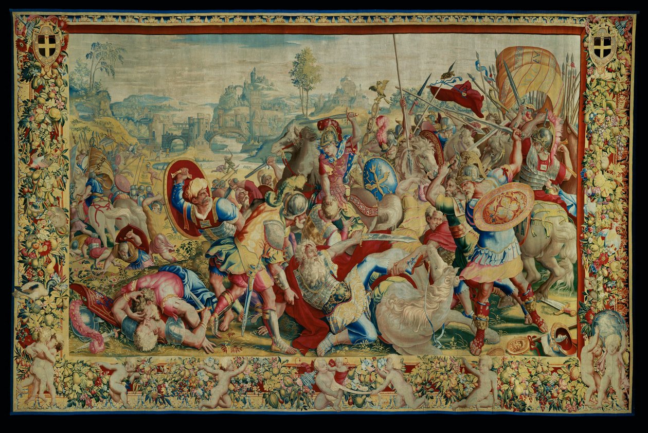 La Historia de Escipión: La Batalla del Tesino, primera pieza del tapiz, lana y seda, tapiz ... de Giulio Romano