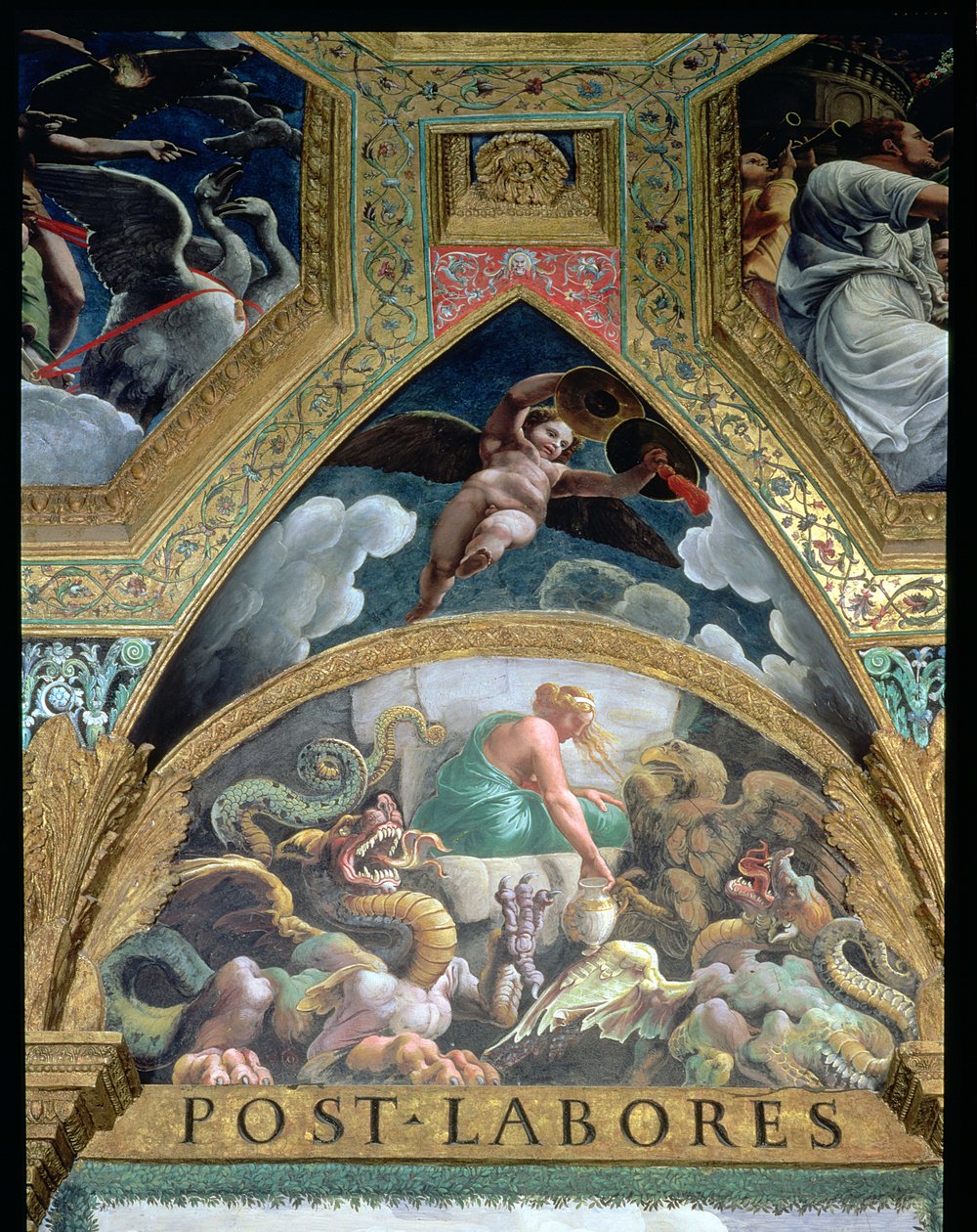 Luneta que representa a Psique emprendiendo una prueba impuesta por Venus de recuperar del inframundo un frasco que contiene la belleza de Proserpina, de la Sala de Amor y Psique, 1528 de Giulio Romano