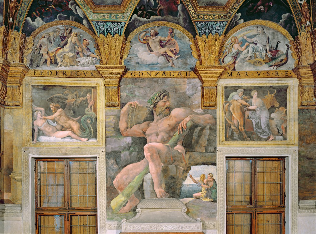 Olimpia seducida por Júpiter, Polifemo custodiando a Acis y Galatea, Pasífae entrando en la vaca construida por Dédalo, de la Sala di Amore e Psiche de Giulio Romano