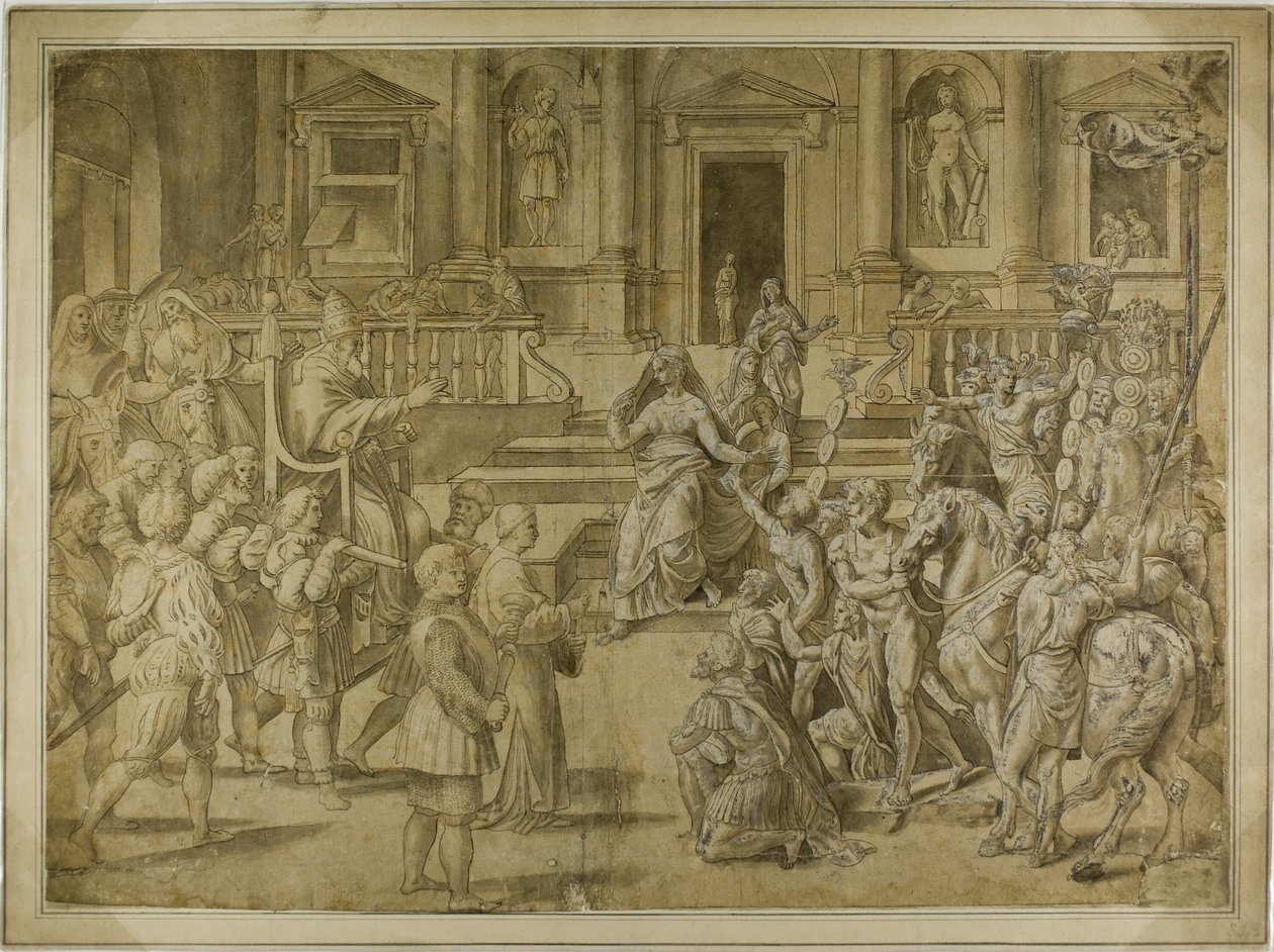 El Papa Silvestre bendice al emperador Constantino de Giulio Romano