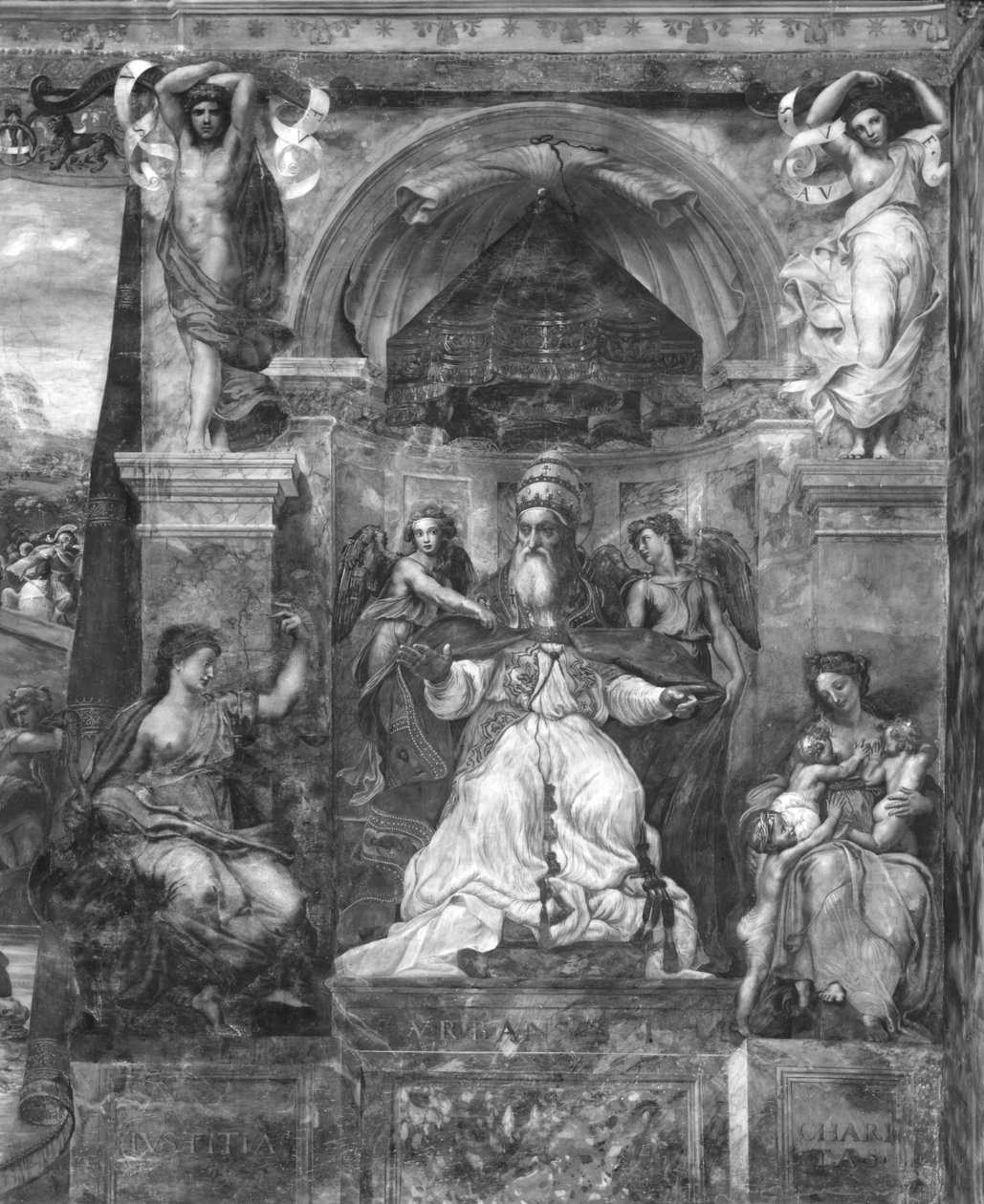 El Papa Urbano I (d.230) entre Justicia y Caridad, Estancias de Rafael de Giulio Romano