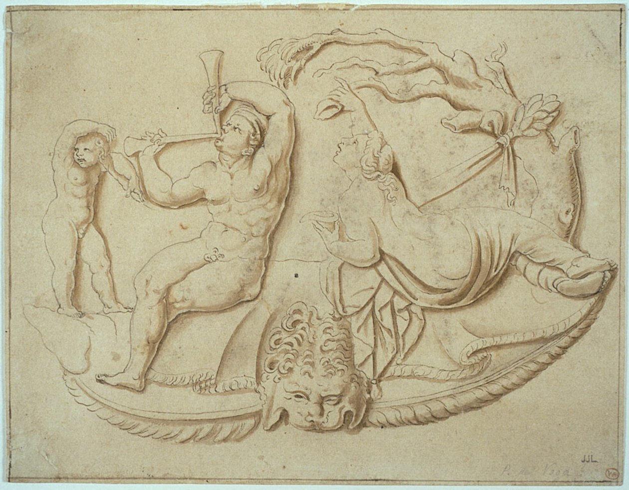 Sátiro con dos pipas y Putto y mujer bebiendo de un árbol de Giulio Romano