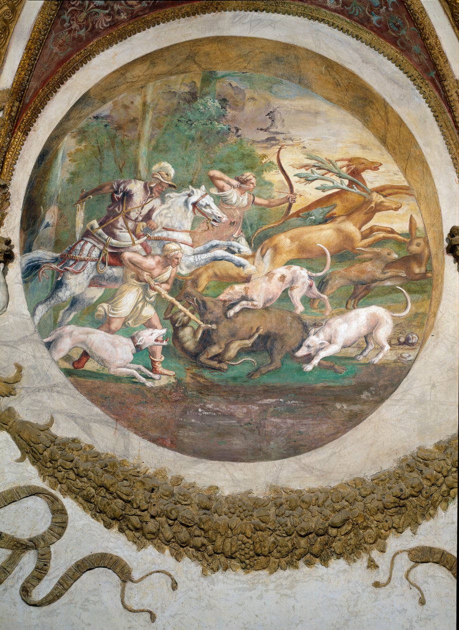 Escena que muestra que los nacidos bajo el signo de Cáncer en conjunción con la constelación de Marte serán hábiles en la caza y la pesca, simbolizado por una escena de caza, de la Cámara dei Venti de Giulio Romano