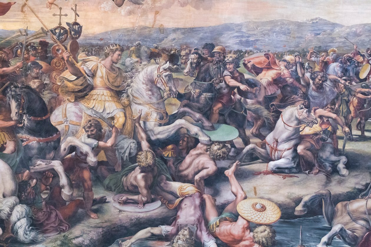 La Batalla del Puente Milvio, detalle (fresco) de Giulio Romano