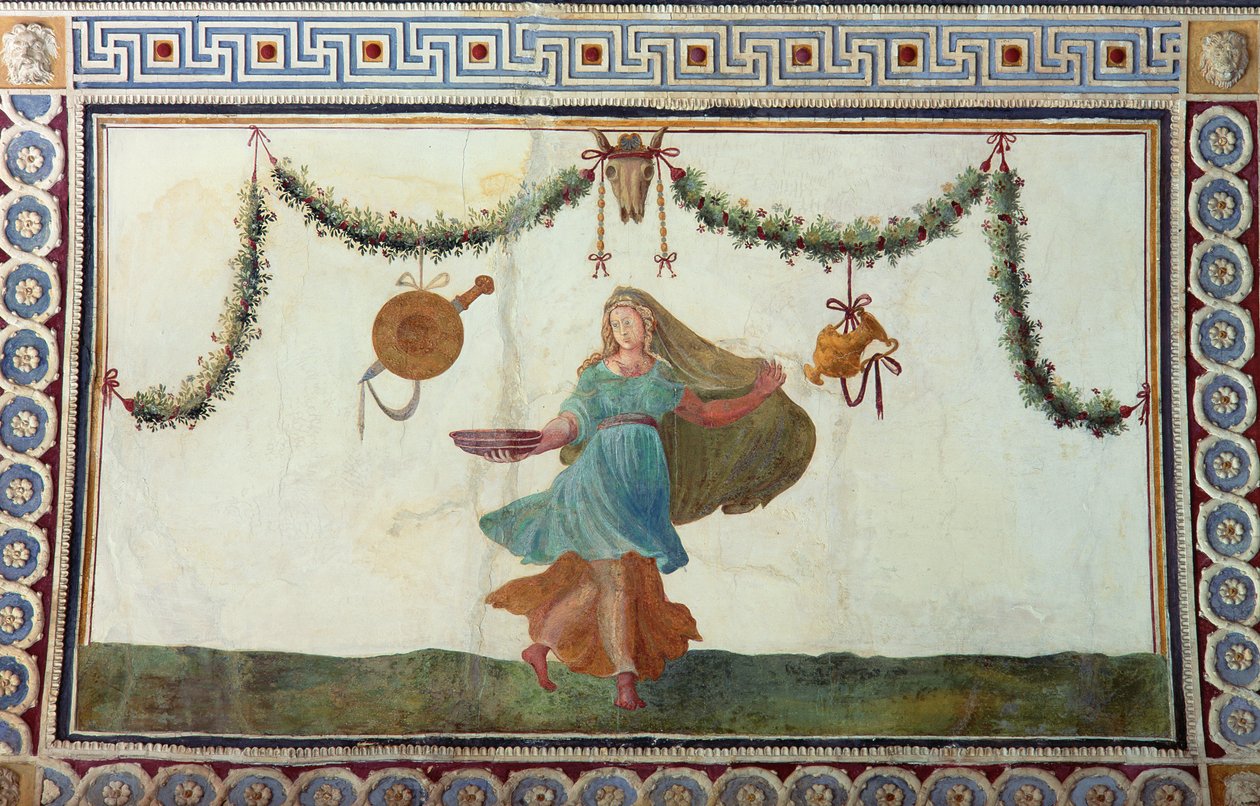 La Cámara con Friso de Amorini (detalle del techo con una mujer sosteniendo un cuenco) de Giulio Romano