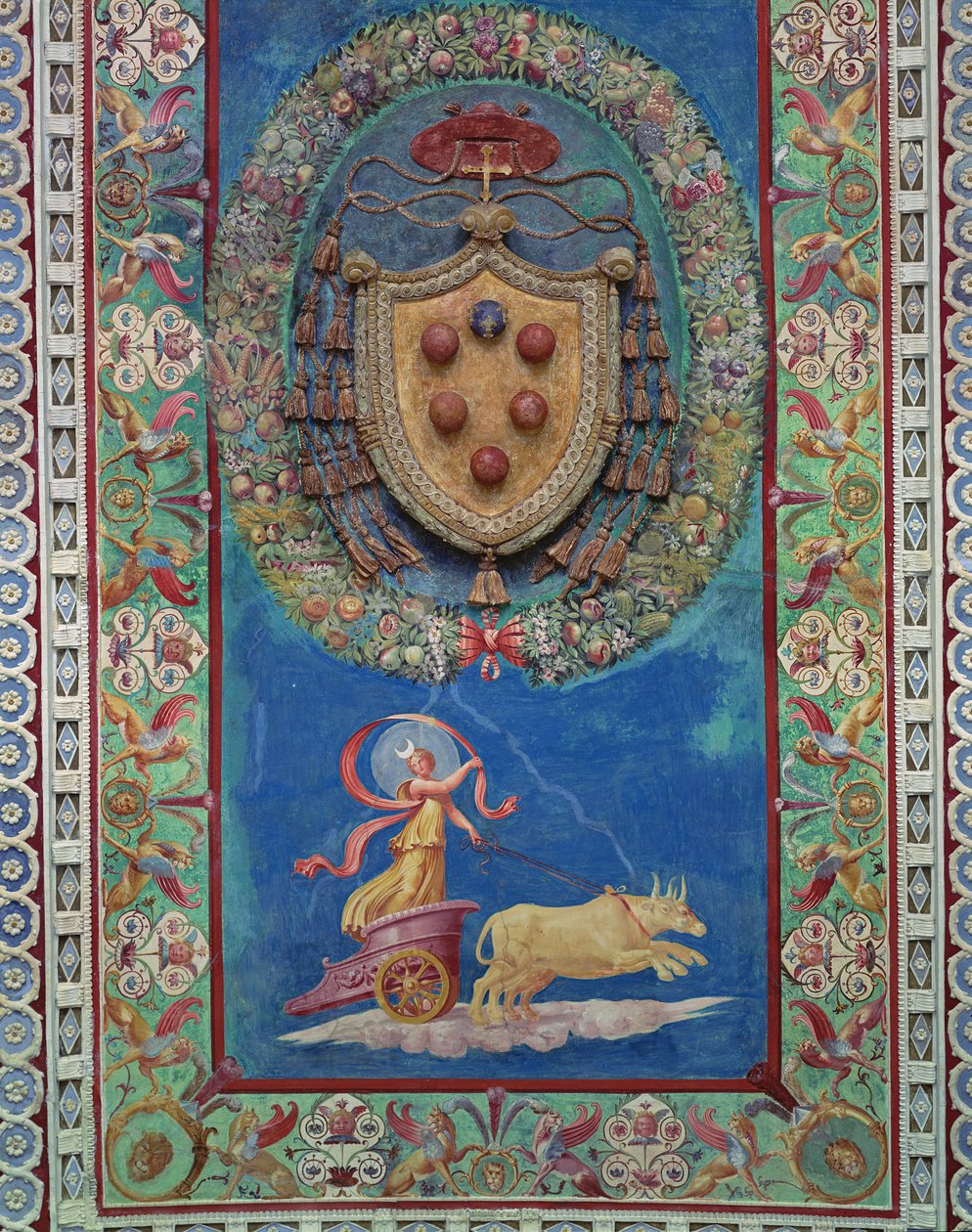 La Cámara con Friso de Amorini (detalle del área central del techo con el escudo de armas de los Medici y una alegoría de la noche) de Giulio Romano