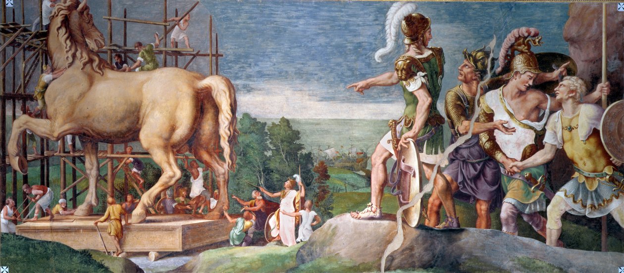 La Construcción del Caballo de Madera de Troya de Giulio Romano