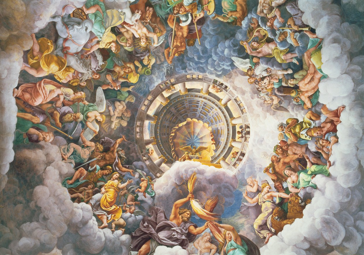 Los dioses del Olimpo, trampantojo en el techo de la Sala dei Giganti, 1528 de Giulio Romano