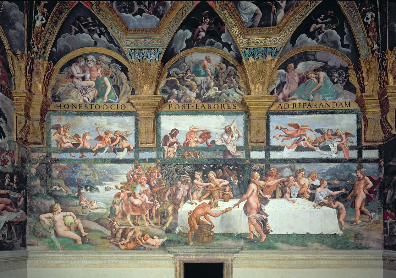 El banquete rústico celebrando el matrimonio de Cupido y Psique, con los tres lunetos arriba representando una de las pruebas de Psique para traer de vuelta del Inframundo un frasco que contiene la belleza de Proserpina de Giulio Romano