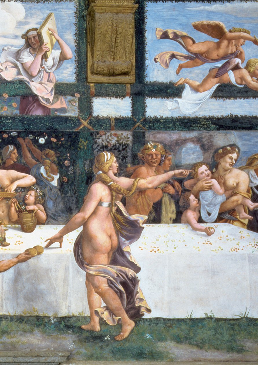 El banquete rústico celebrando el matrimonio de Cupido y Psique, con las tres lunetas arriba representando una de las pruebas de Psique para traer del Inframundo un frasco que contiene la belleza de Proserpina de Giulio Romano