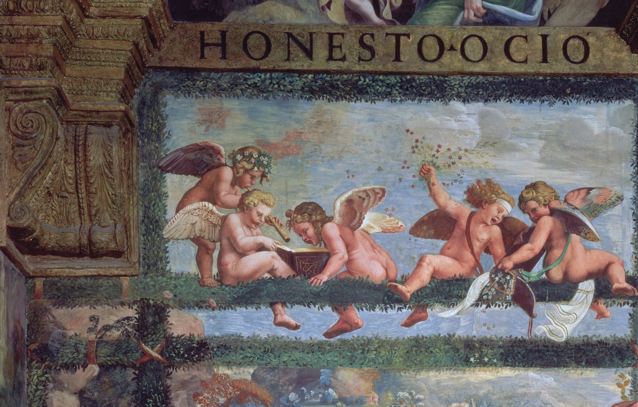 El Banquete Rústico, detalle de putti haciendo música, de la Sala de Amor y Psique (detalle) de Giulio Romano