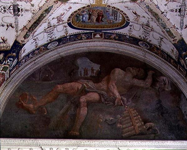 La logia, (detalle) de luneta en la bóveda que representa a Pan y sátiros de Giulio Romano