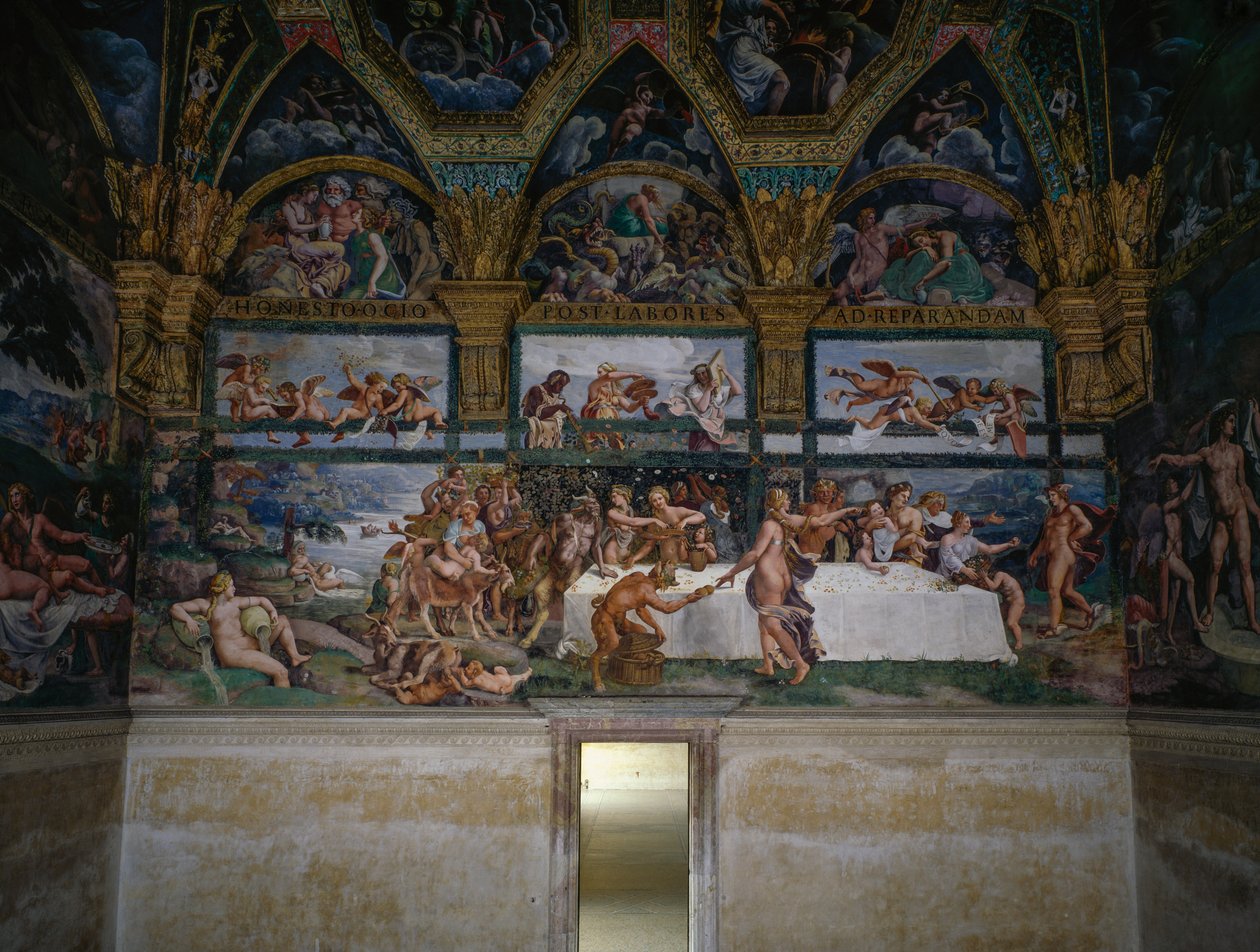 Banquete de bodas o Banquete de dioses, fresco de Giulio Romano (1499-1546), pared oeste de la Cámara de Cupido y Psique, Palazzo Te, Mantua (Lista del Patrimonio Mundial de la UNESCO, 2008), Lombardía, Italia de Giulio Romano