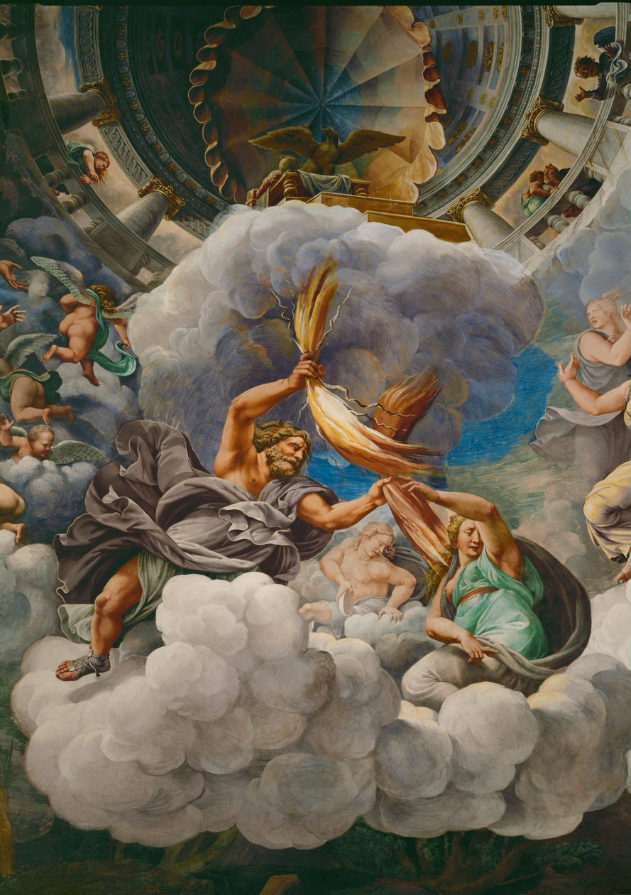 Zeus lanza un rayo a los gigantes que atacan (fresco) de Giulio Romano