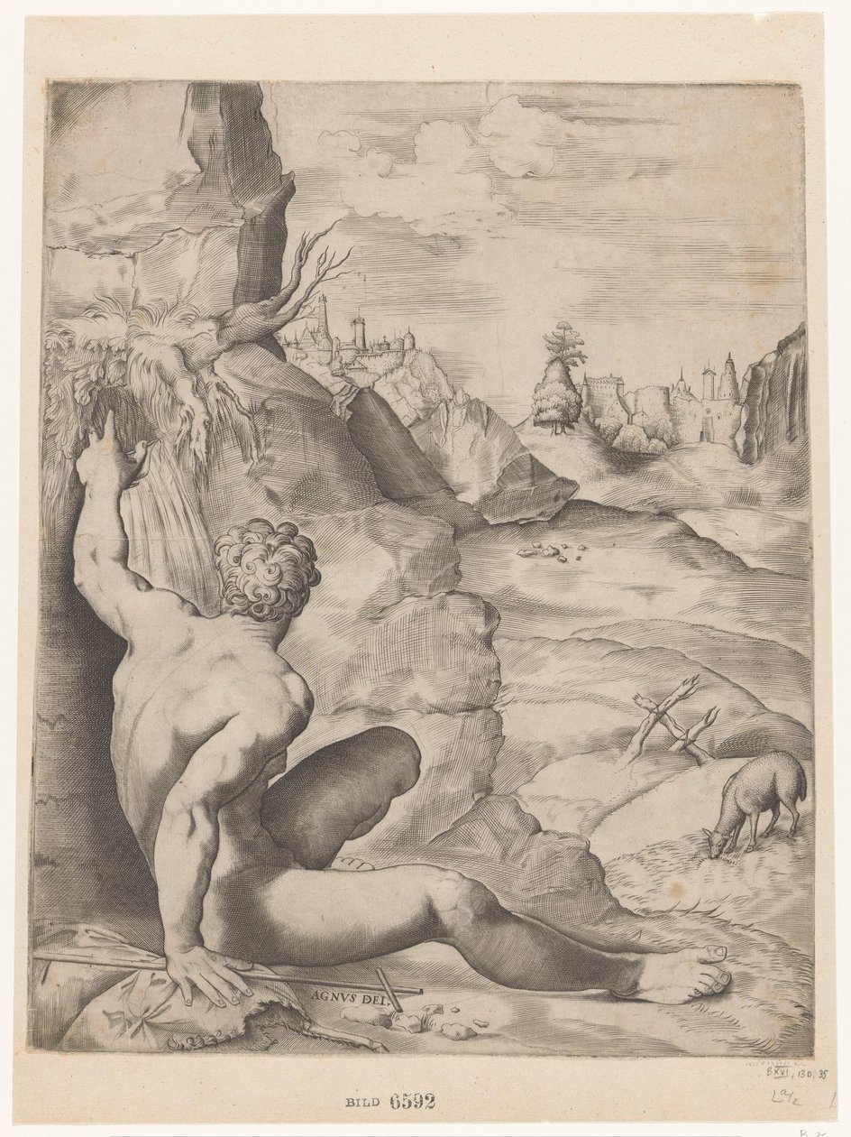 Juan el Bautista en el desierto Agnus dei (título sobre objeto) de Giulio Sanuto