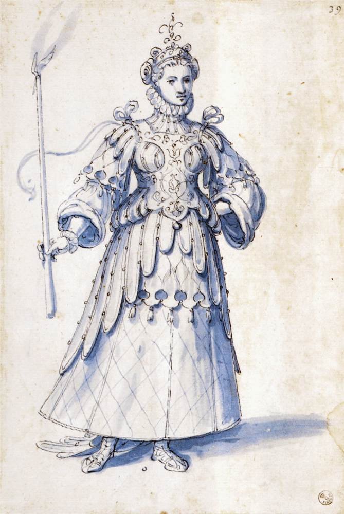 Dibujo de vestuario de una figura femenina con antorcha de Giuseppe Arcimboldo