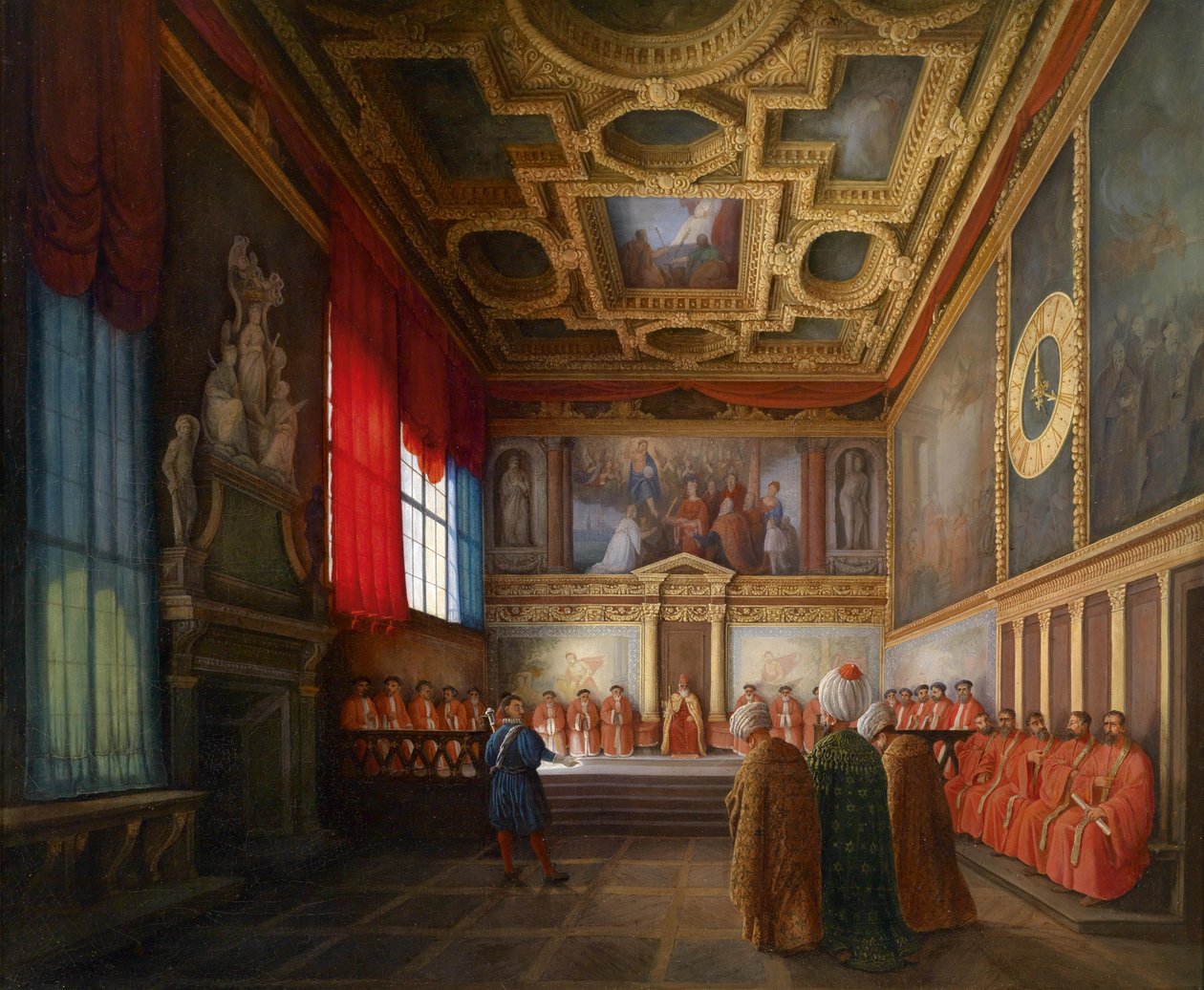 Recepción de la embajada otomana por el Dogo de Venecia en la Sala del Collegio del Palacio Ducal de Giuseppe Bernardino Bison